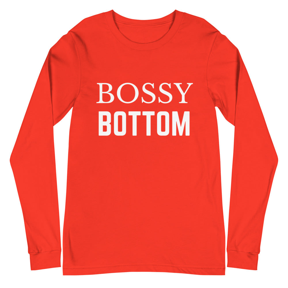 Red long-sleeve shirt with white “BOSSY BOTTOM” lettering, shown flat from the front
