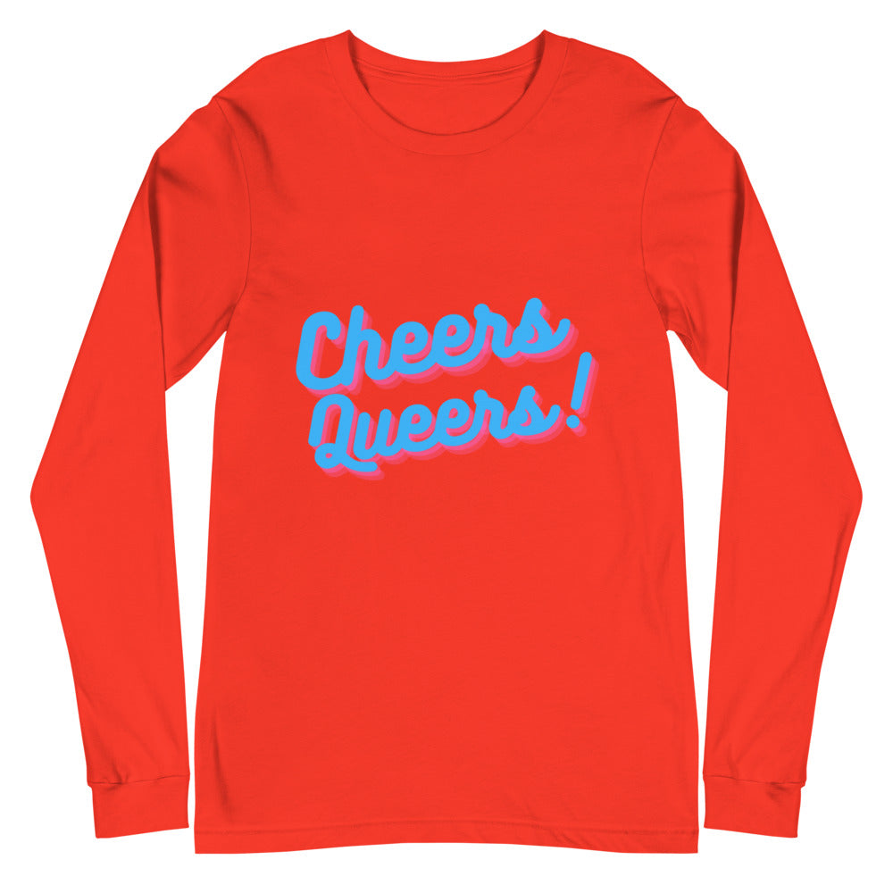 Red long-sleeve T-shirt laid flat with blue and pink “Cheers Queers!” lettering