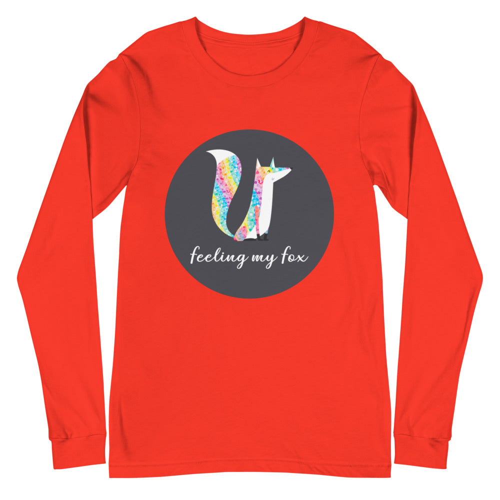 Red long-sleeve shirt with a colorful fox graphic and “feeling my fox” text