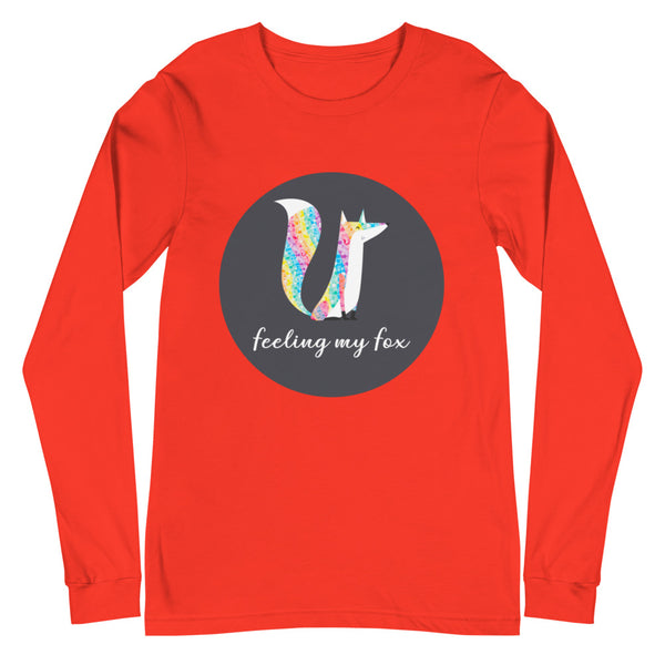 Red long-sleeve shirt with a colorful fox graphic and “feeling my fox” text