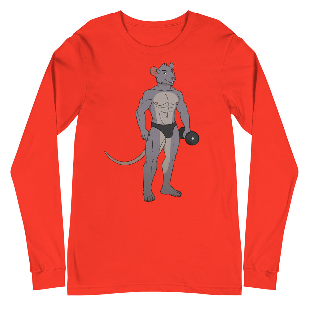 Red long-sleeve shirt with a muscular gray rat wearing briefs and holding a dumbbell