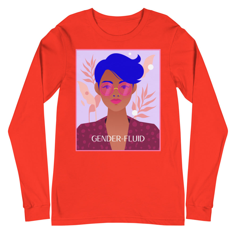 Red long-sleeve shirt with a colorful portrait and “GENDER-FLUID” text