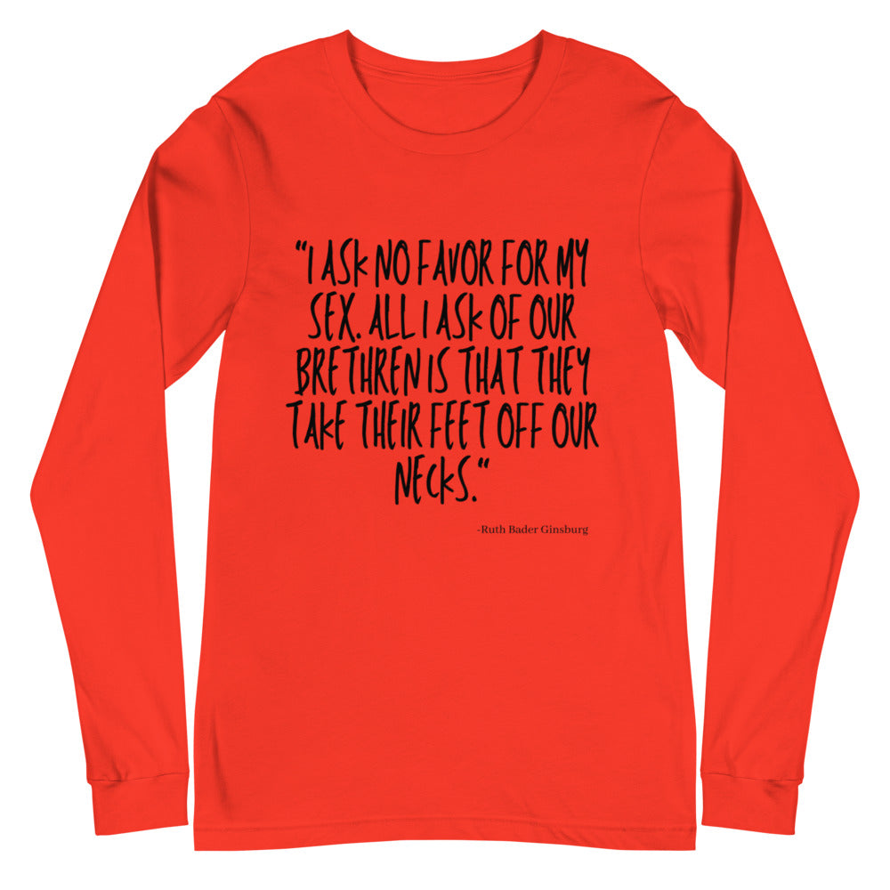Red long-sleeve shirt with black quote, “I ask no favor for my sex…”