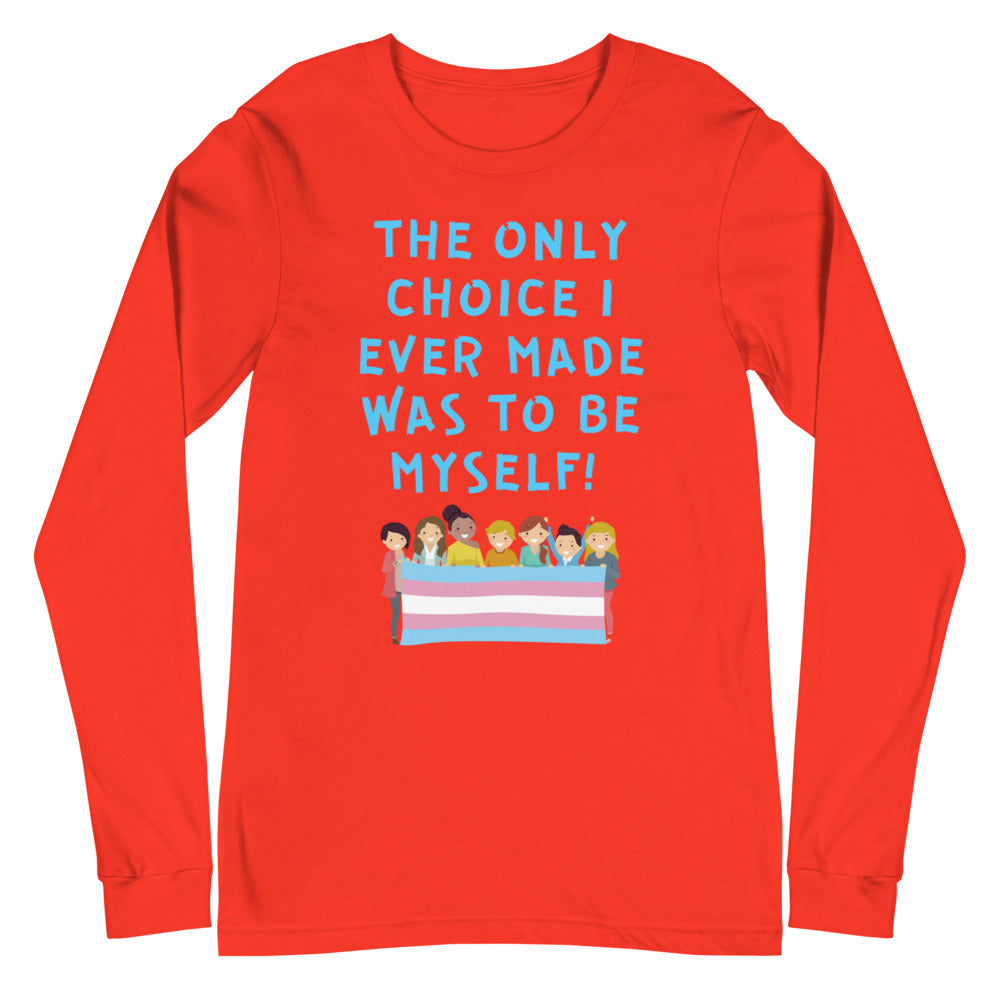 Red long-sleeve shirt with blue text and a group holding a transgender pride flag
