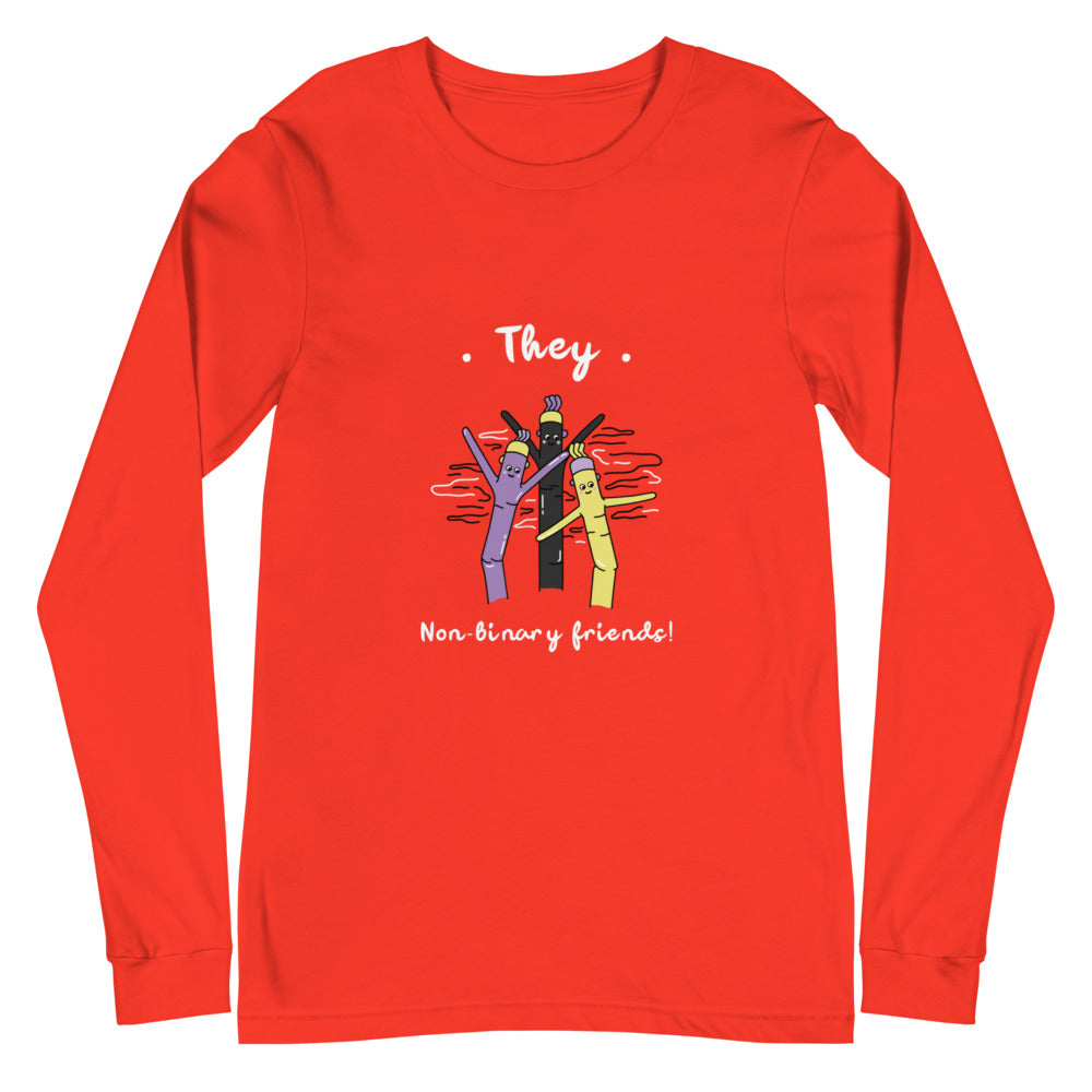 Red long-sleeve shirt with “They” and “Non-binary friends!” text above cartoon figures