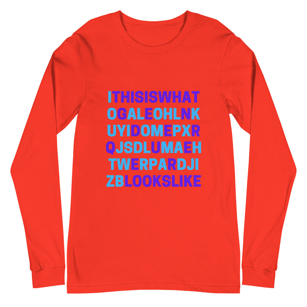 Front view of a red long-sleeve shirt with blue and purple block lettering