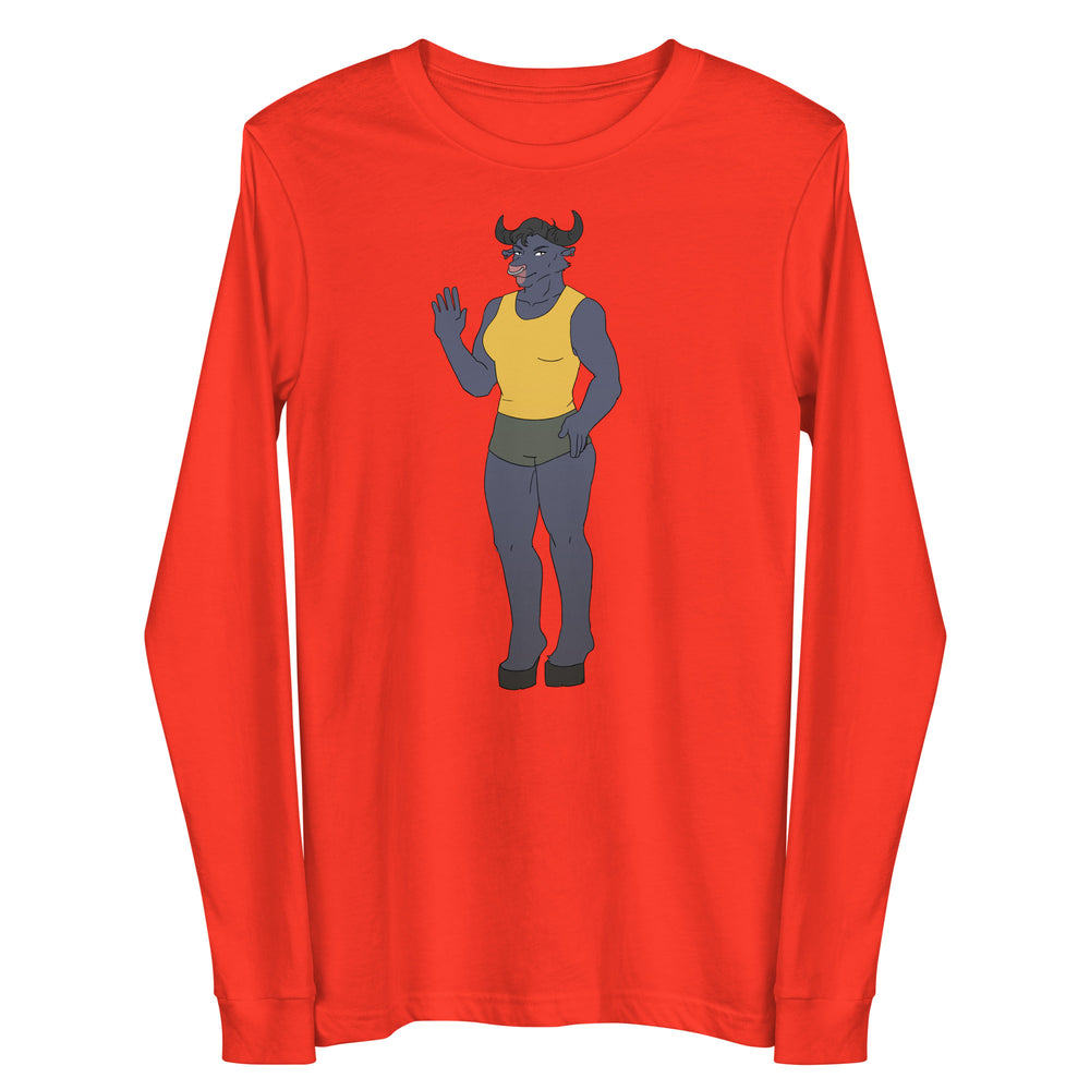 Front view of a red long-sleeve shirt with a waving horned bull character graphic