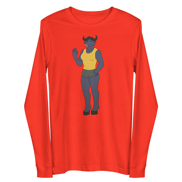 Front view of a red long-sleeve shirt with a waving horned bull character graphic