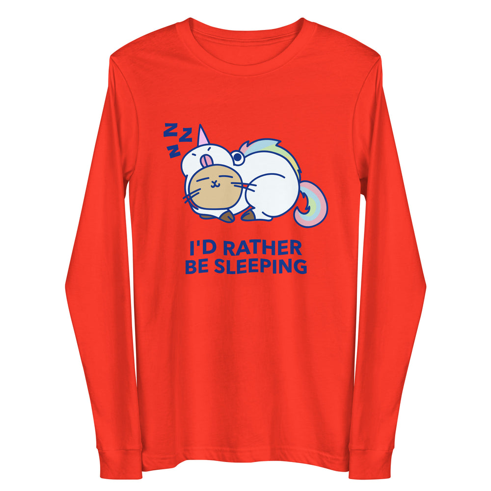 Front view of a red long-sleeve shirt with sleeping cartoon cats and “I'D RATHER BE SLEEPING” text