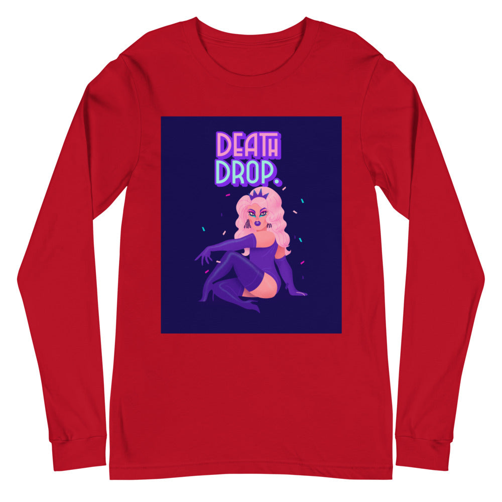 Red long-sleeve T-shirt with “DEATH DROP” drag queen graphic on the front