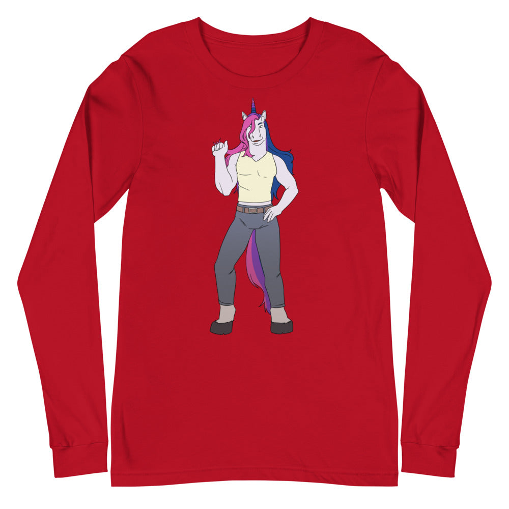 Red long-sleeve shirt with a colorful humanoid unicorn illustration on the front
