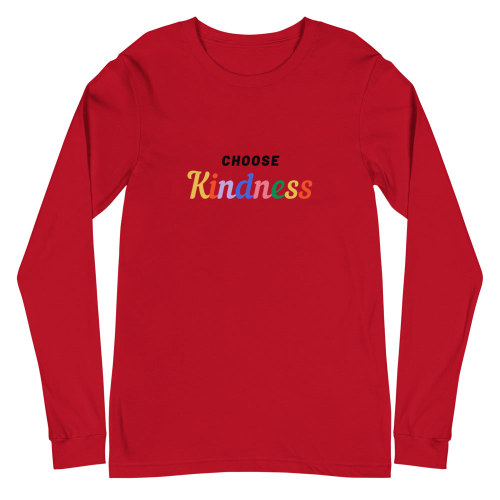 Front view of a red long-sleeve shirt reading “CHOOSE Kindness” in multicolored lettering