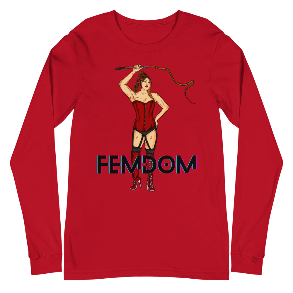 Red long-sleeve shirt with a corseted woman holding a whip and “FEMDOM” text
