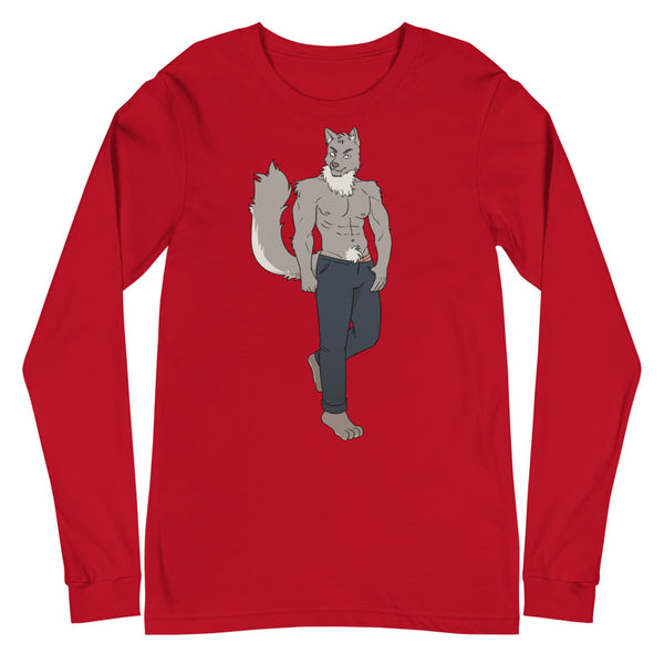Front view of a red long-sleeve shirt with a muscular anthropomorphic wolf graphic