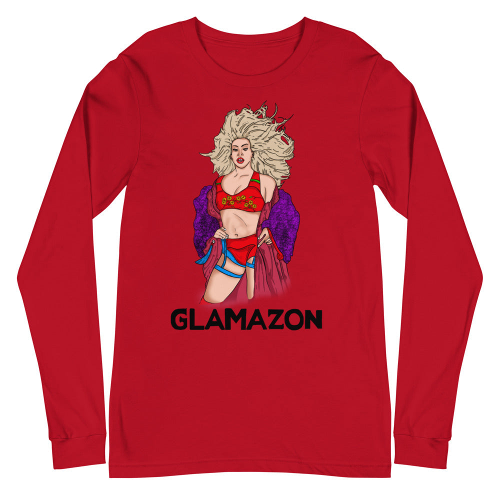 Red long-sleeve shirt with a glamorous illustrated woman and “GLAMAZON” text
