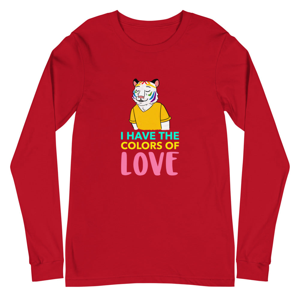 Red long-sleeve shirt with a colorful tiger illustration and “I HAVE THE COLORS OF LOVE” text