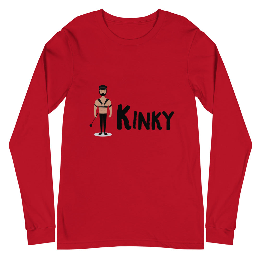 Red long-sleeve shirt with a black “KINKY” graphic and a harnessed figure