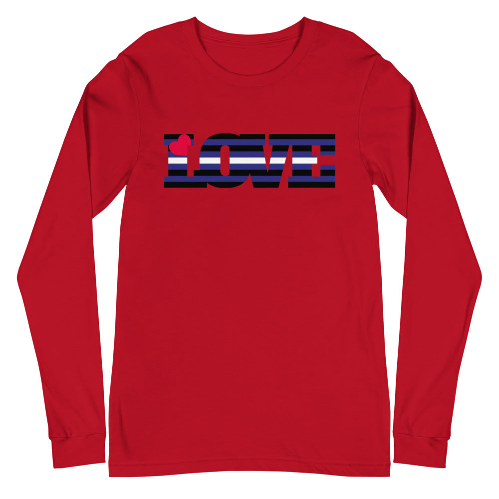 Front view of a red long-sleeve shirt with a striped leather pride LOVE graphic