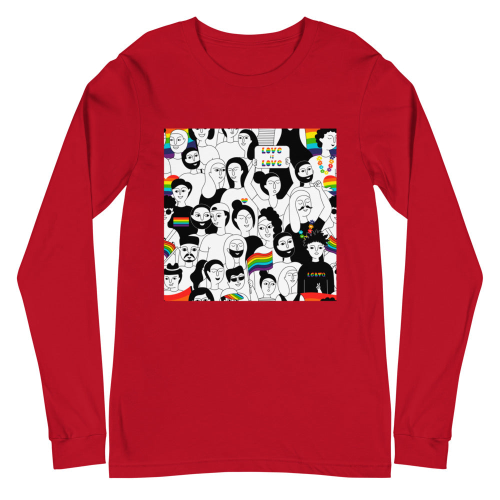 Red long-sleeve shirt with a colorful illustrated crowd and “LOVE LOVE” chest graphic