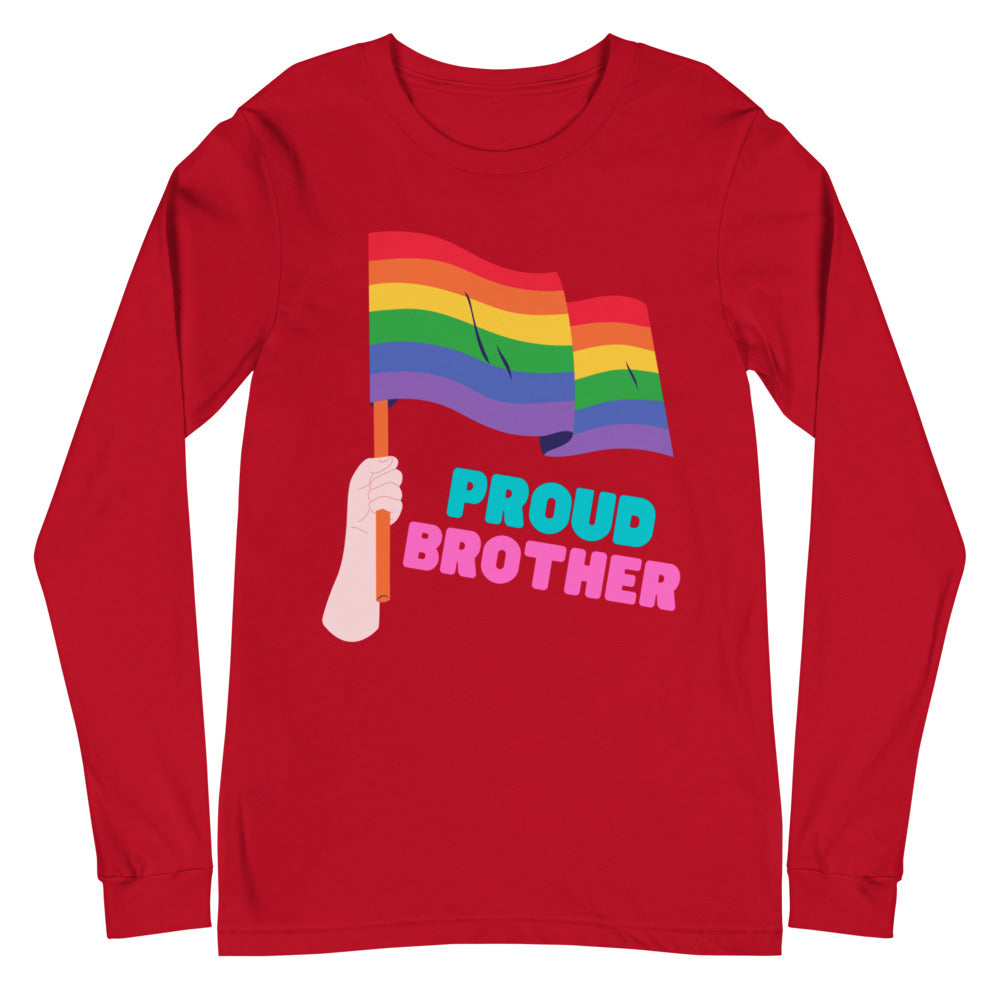 Front view of a red long-sleeve shirt with rainbow flags and “PROUD BROTHER” text