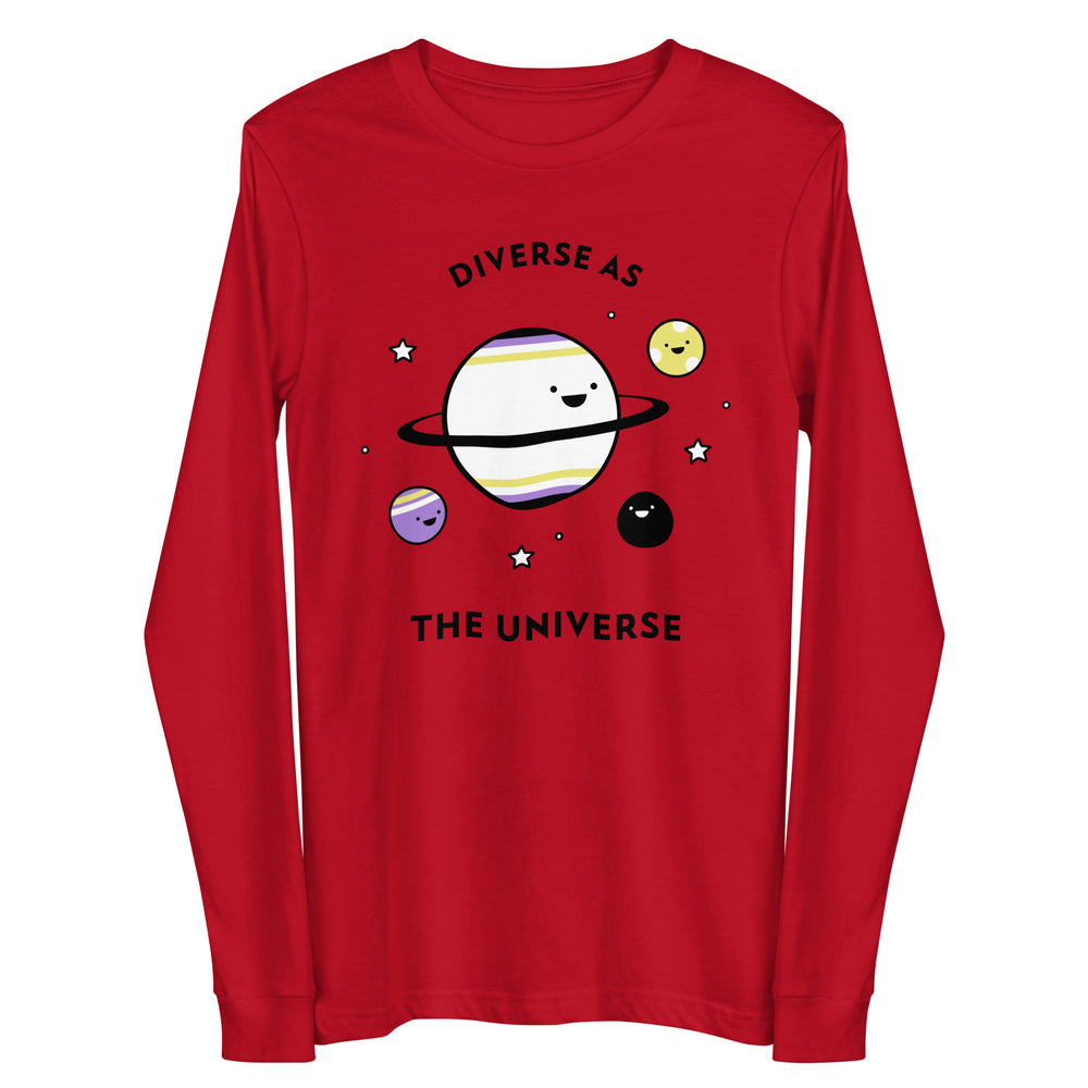 Front view of a red long-sleeve shirt reading “DIVERSE AS THE UNIVERSE” above cartoon planets