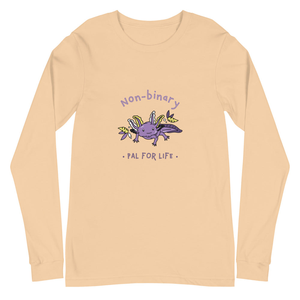 Sand-colored long-sleeve shirt with a purple axolotl and “Non-binary Pal for Life” text