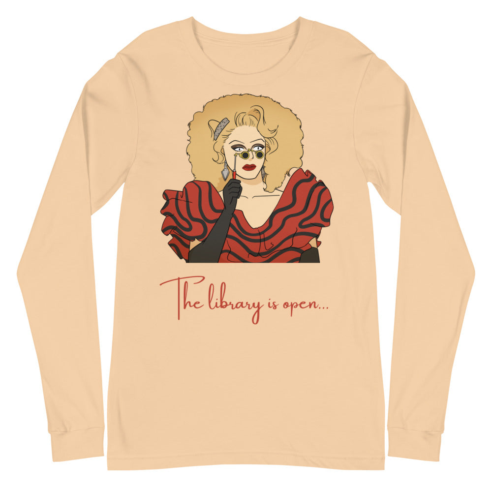 Sand Dune The Library Is Open (Rupaul) Unisex Long Sleeve T-Shirt by Printful sold by Queer In The World: The Shop - LGBT Merch Fashion