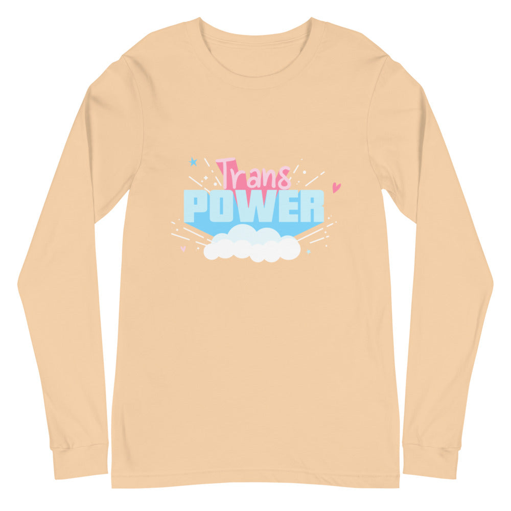 Sand-colored long-sleeve shirt with a colorful “Trans POWER” cloud graphic