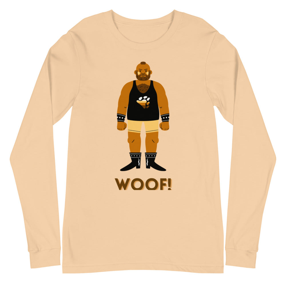 Sand-colored long-sleeve shirt with a bearded bear in harness gear and “WOOF!” text
