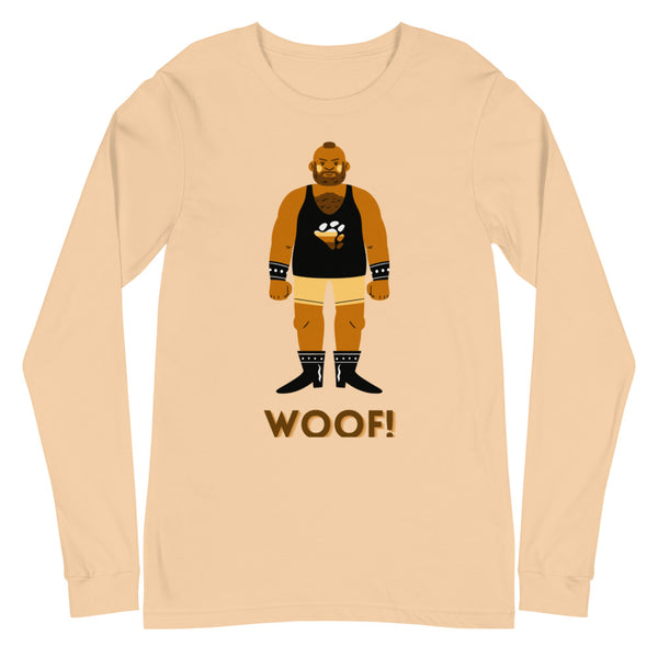 Sand-colored long-sleeve shirt with a bearded bear in harness gear and “WOOF!” text