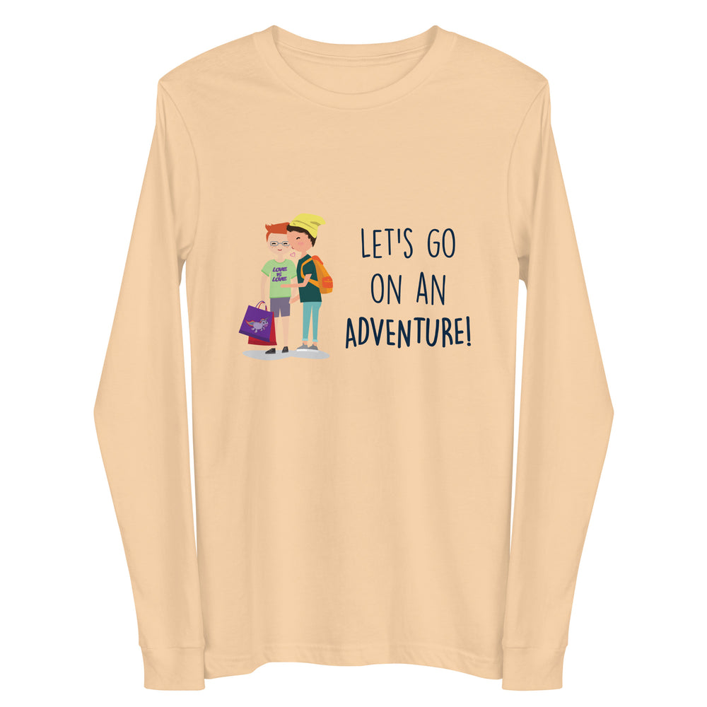 Front view of a sand-colored long-sleeve shirt with two illustrated adventurers and “LET'S GO ON AN ADVENTURE!”
