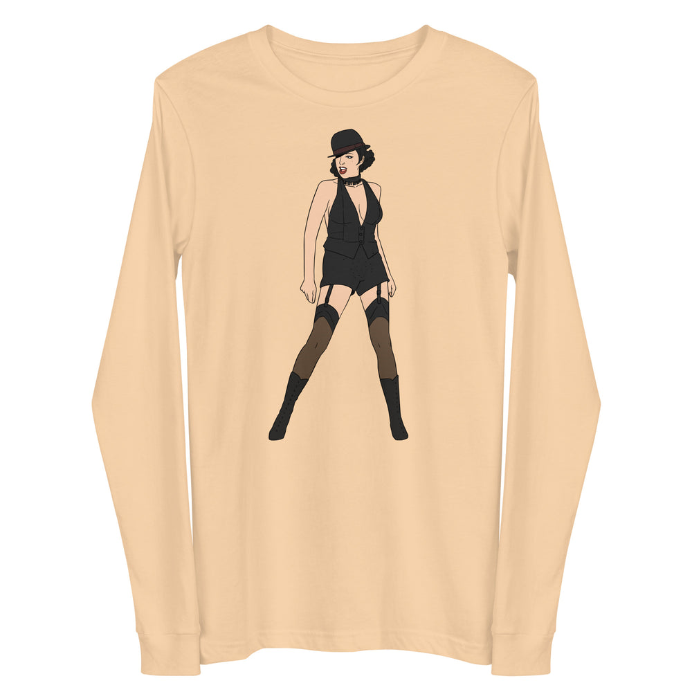 Sand-colored long-sleeve shirt with a centered illustration of a woman in a black cabaret outfit