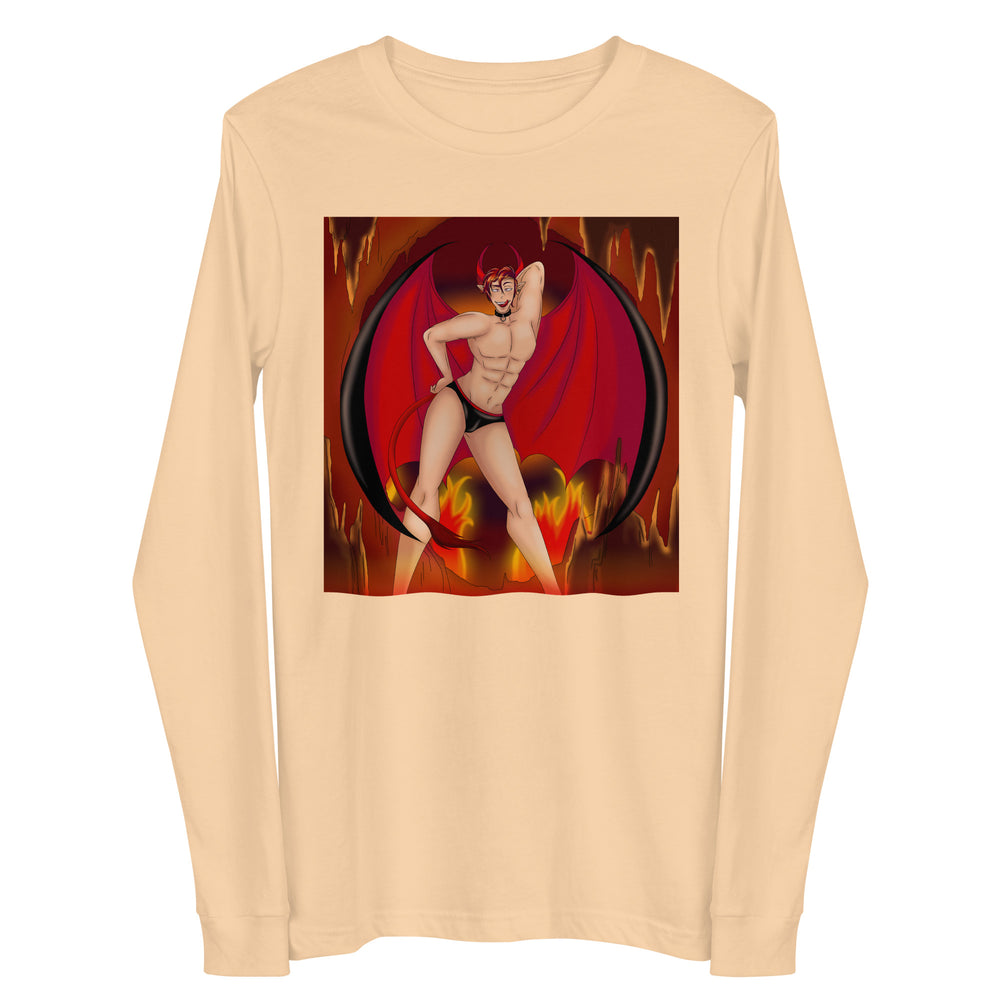 Front view of a sand-colored long-sleeve shirt with a horned, winged demon in black briefs amid flames