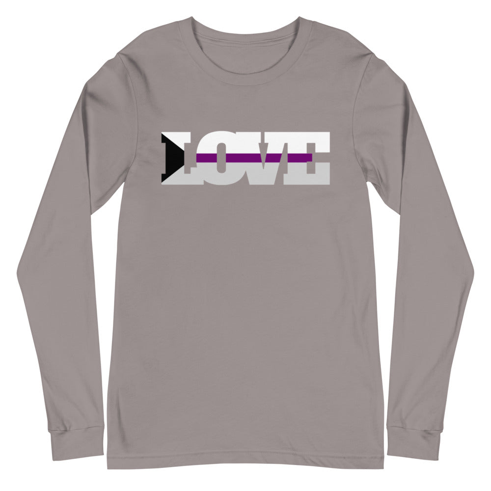 Front view of a gray long-sleeve shirt with a bold LOVE graphic and purple stripe