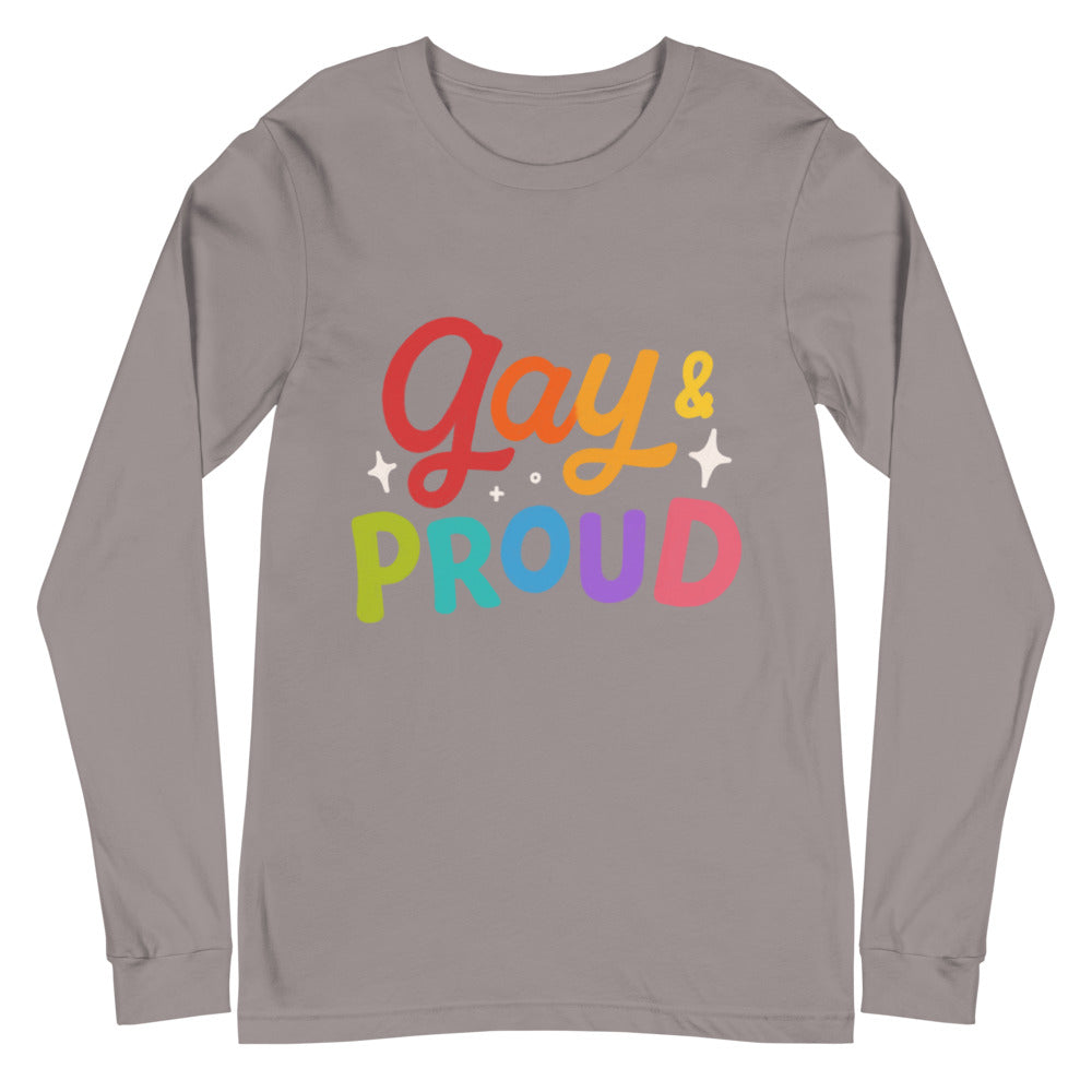 Front view of a gray long-sleeve shirt with colorful “Gay & Proud” lettering