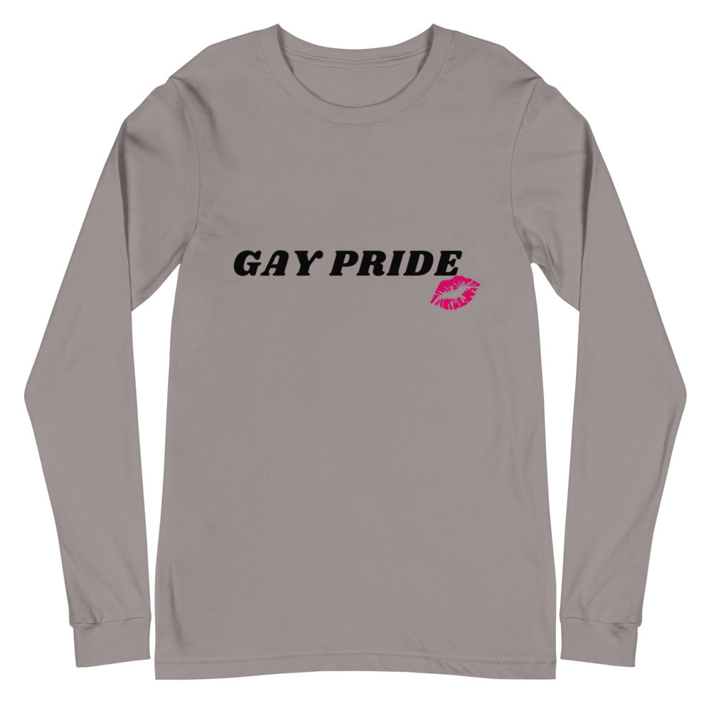 Gray long-sleeve shirt reading “GAY PRIDE” with a pink lips graphic
