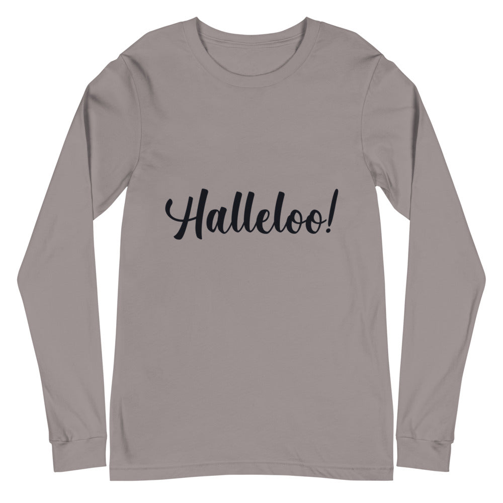 Front view of a taupe long-sleeve shirt with black script reading “Halleloo!”