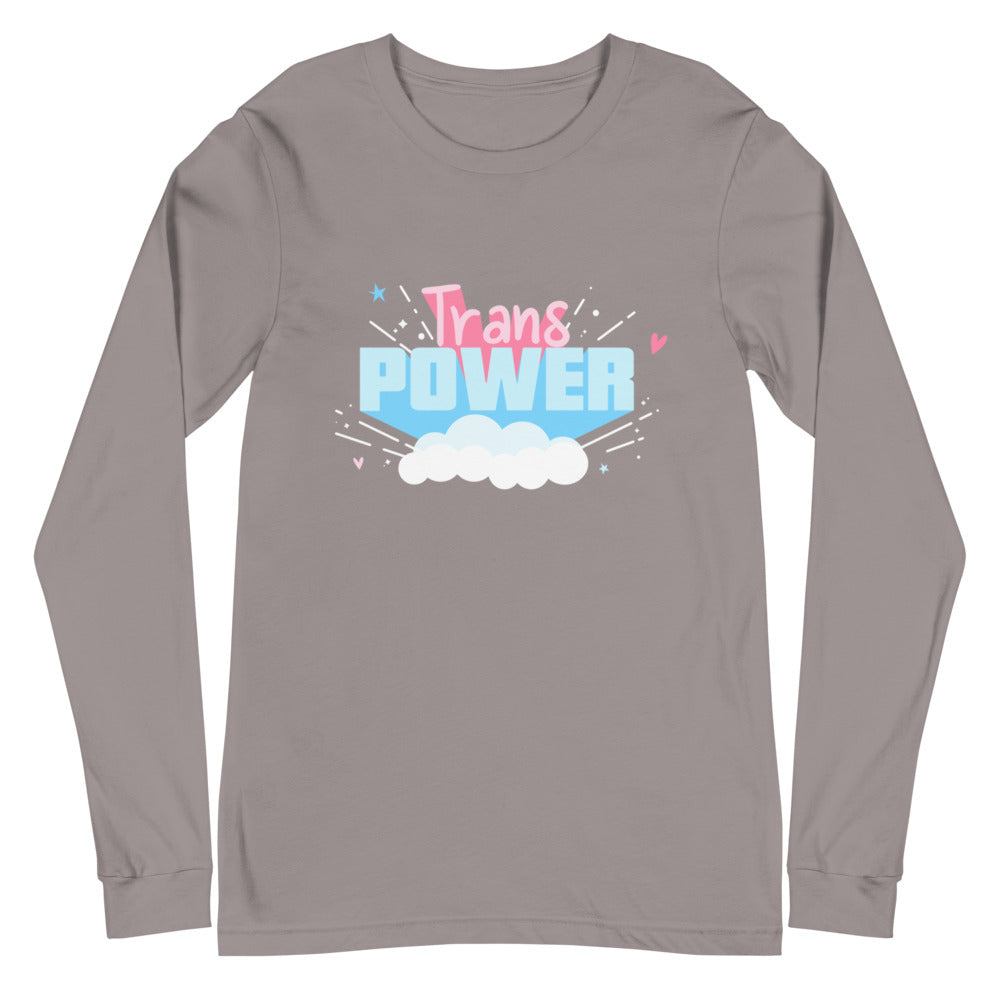 Front view of a gray long-sleeve shirt reading “Trans POWER” above clouds