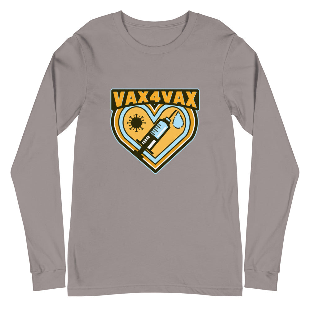 Front view of a gray long-sleeve shirt reading “VAX 4 VAX” above a heart and syringe graphic