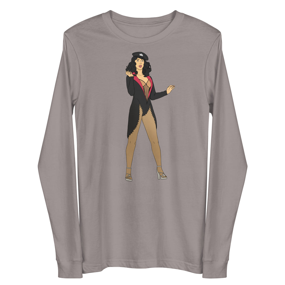 Front view of a gray long-sleeve shirt with a burlesque performer illustration