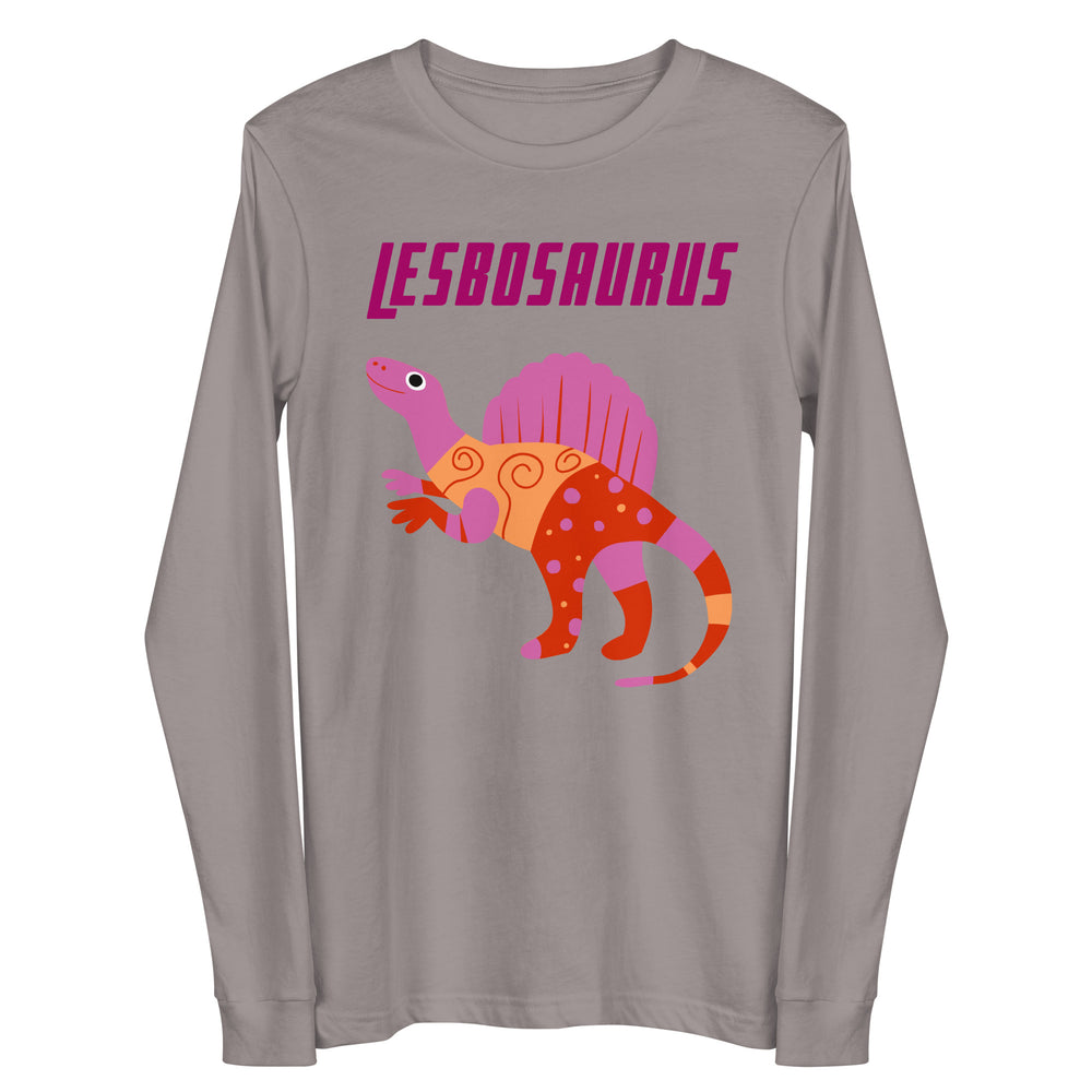 Gray long-sleeve shirt reading “LESBOSAURUS” above a colorful cartoon dinosaur