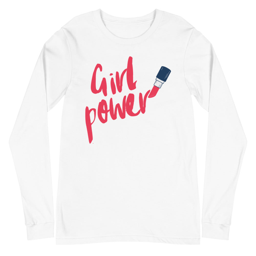 White long-sleeve shirt with red “Girl Power” lettering and lipstick graphic
