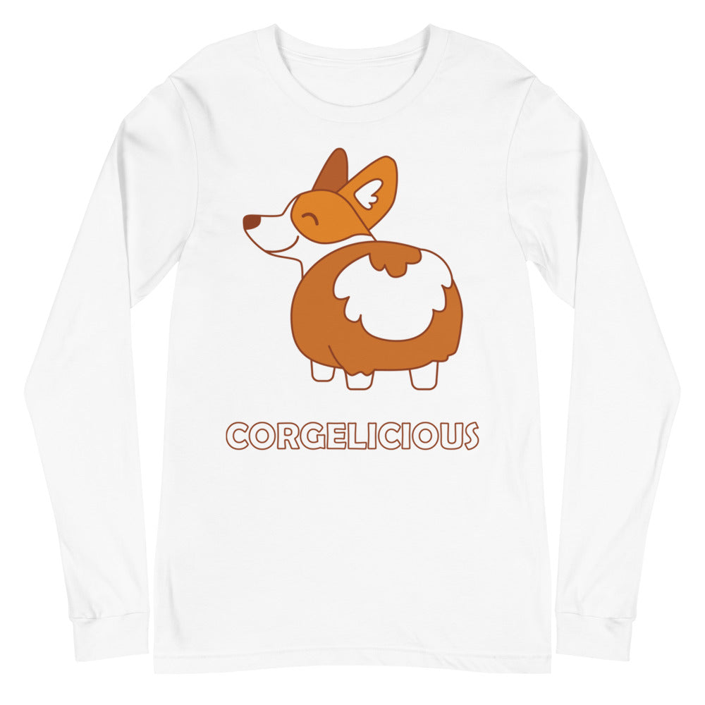 White long-sleeve T-shirt with a cartoon corgi and “CORGELICIOUS” text