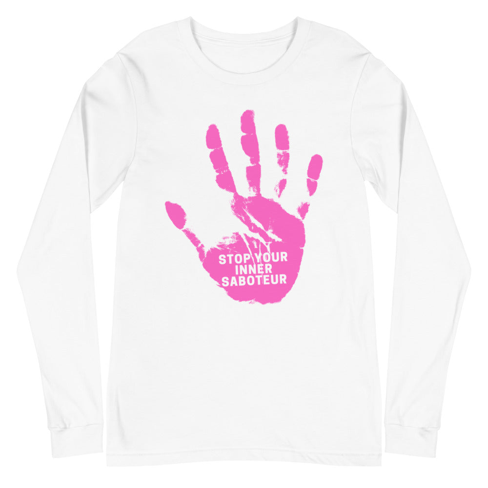 White long-sleeve shirt with a pink handprint and “STOP YOUR INNER SABOTEUR” text