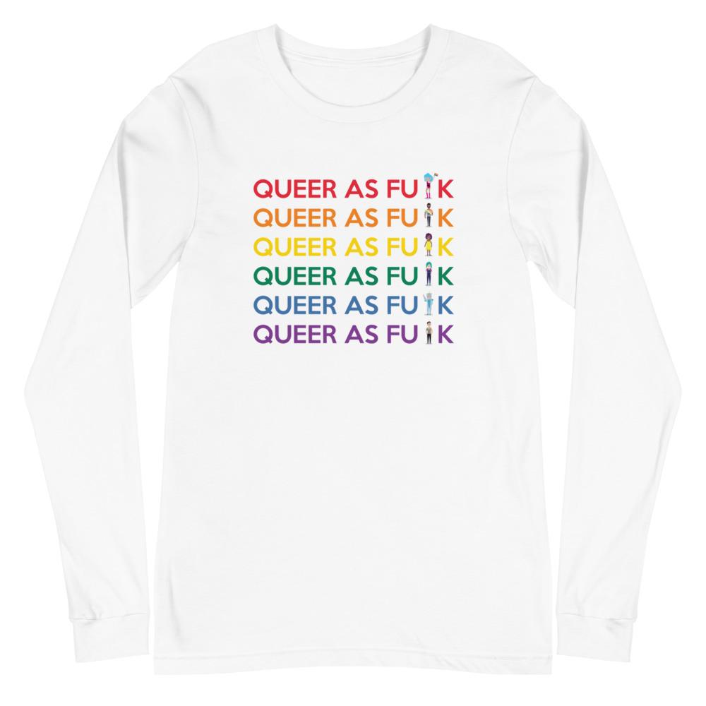 White long-sleeve shirt with six rainbow rows reading “QUEER AS FU⚡K”