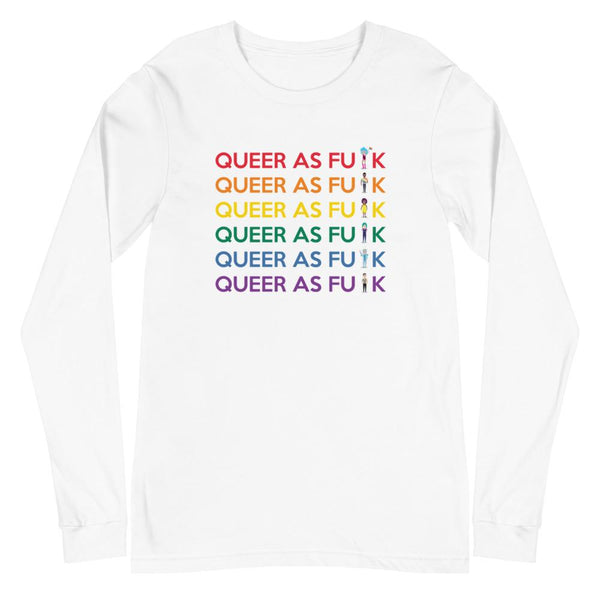 White Queer As Fu#k Unisex Long Sleeve T-Shirt by Printful sold by Queer In The World: The Shop - LGBT Merch Fashion