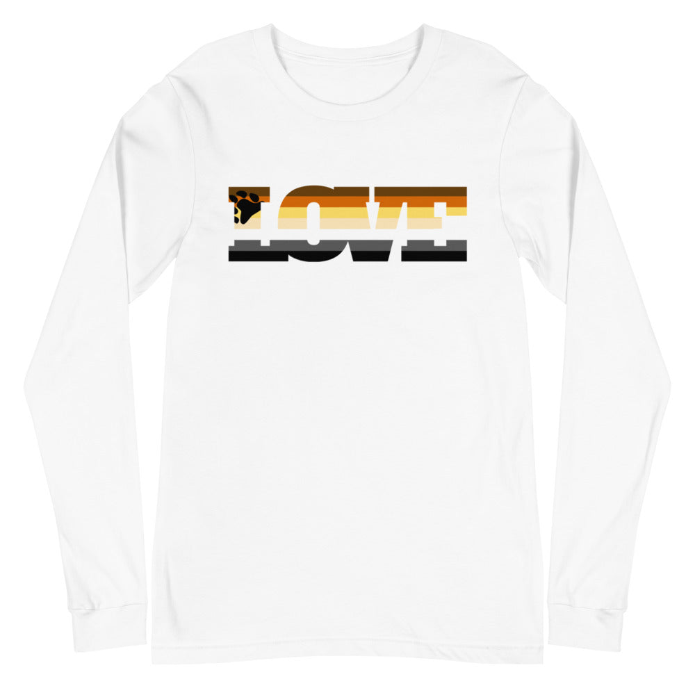 White long-sleeve shirt with bear-flag graphic; gay Pride unisex long sleeve t-shirt with “Gay Bear Love” design
