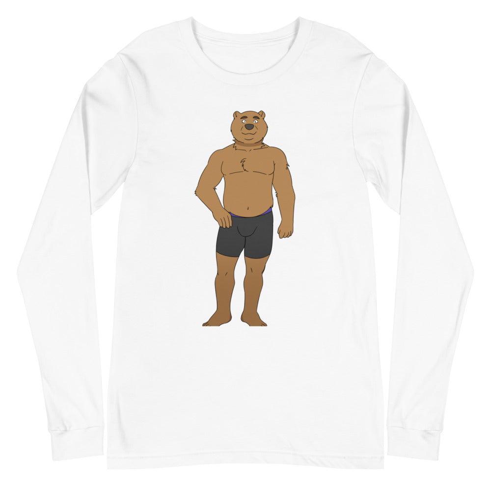 White long-sleeve shirt with a front-facing cartoon bear wearing black briefs