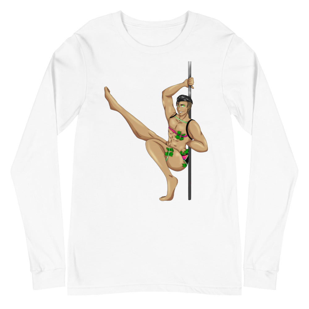White long-sleeve shirt with an illustrated male pole dancer in a revealing outfit