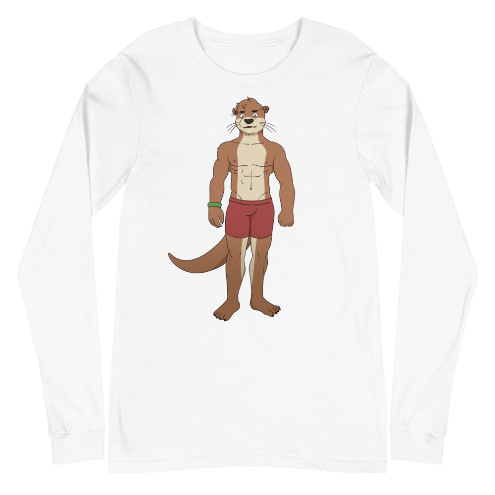 White long-sleeve shirt with a cartoon muscular otter in red shorts